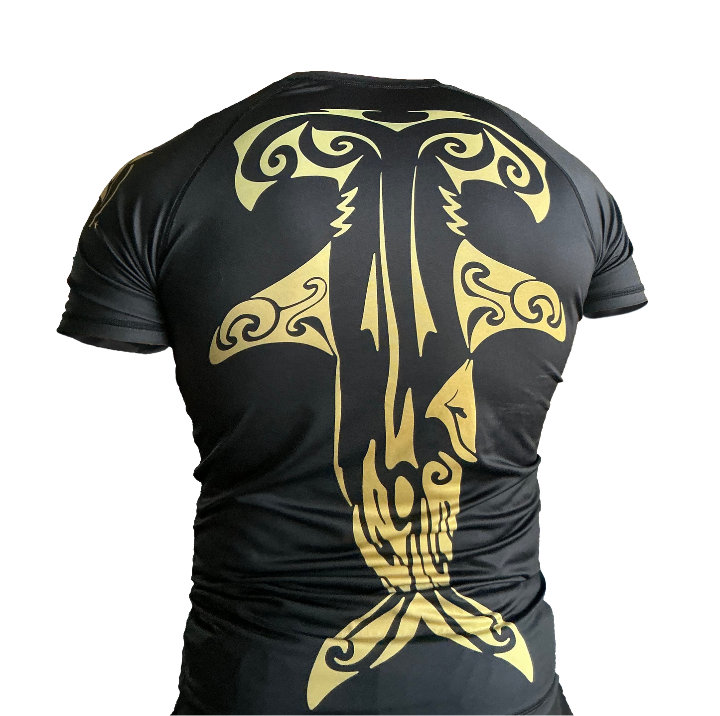 Black and gold "Welcome To The Shark Tank" tribal rash guard for grappling Hammerhead Grappling Wear