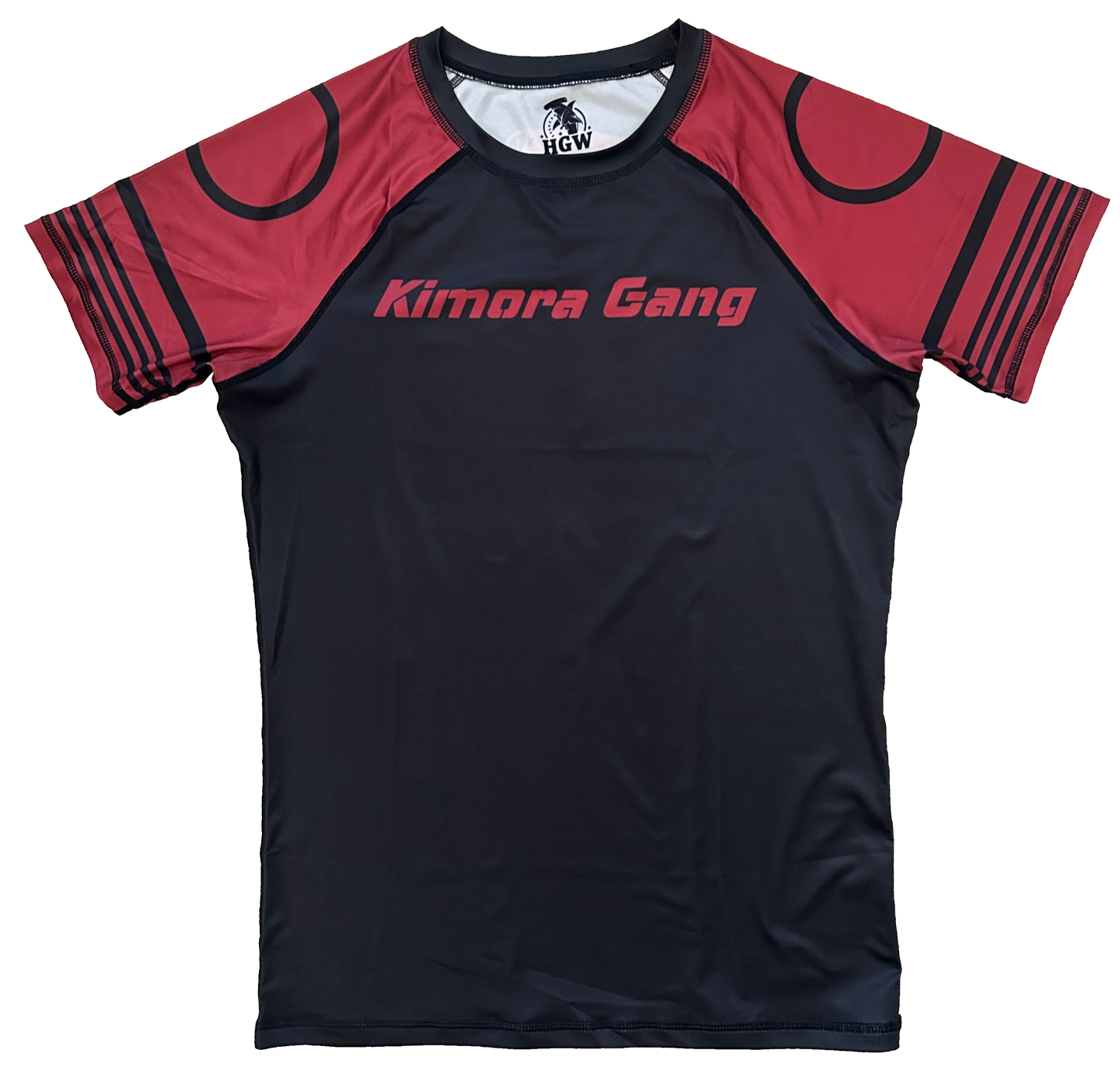 Black and red "Kimora Gang" short sleeve bjj rash guard