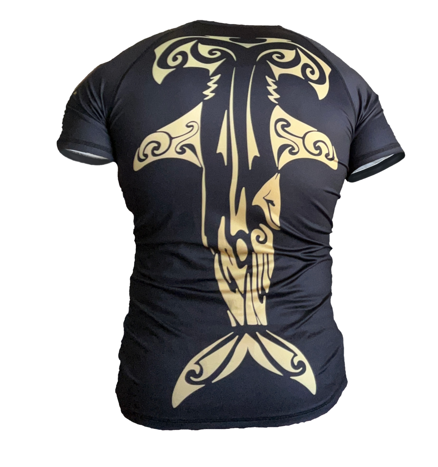 Black and gold "Welcome To The Shark Tank" tribal bjj rash guard