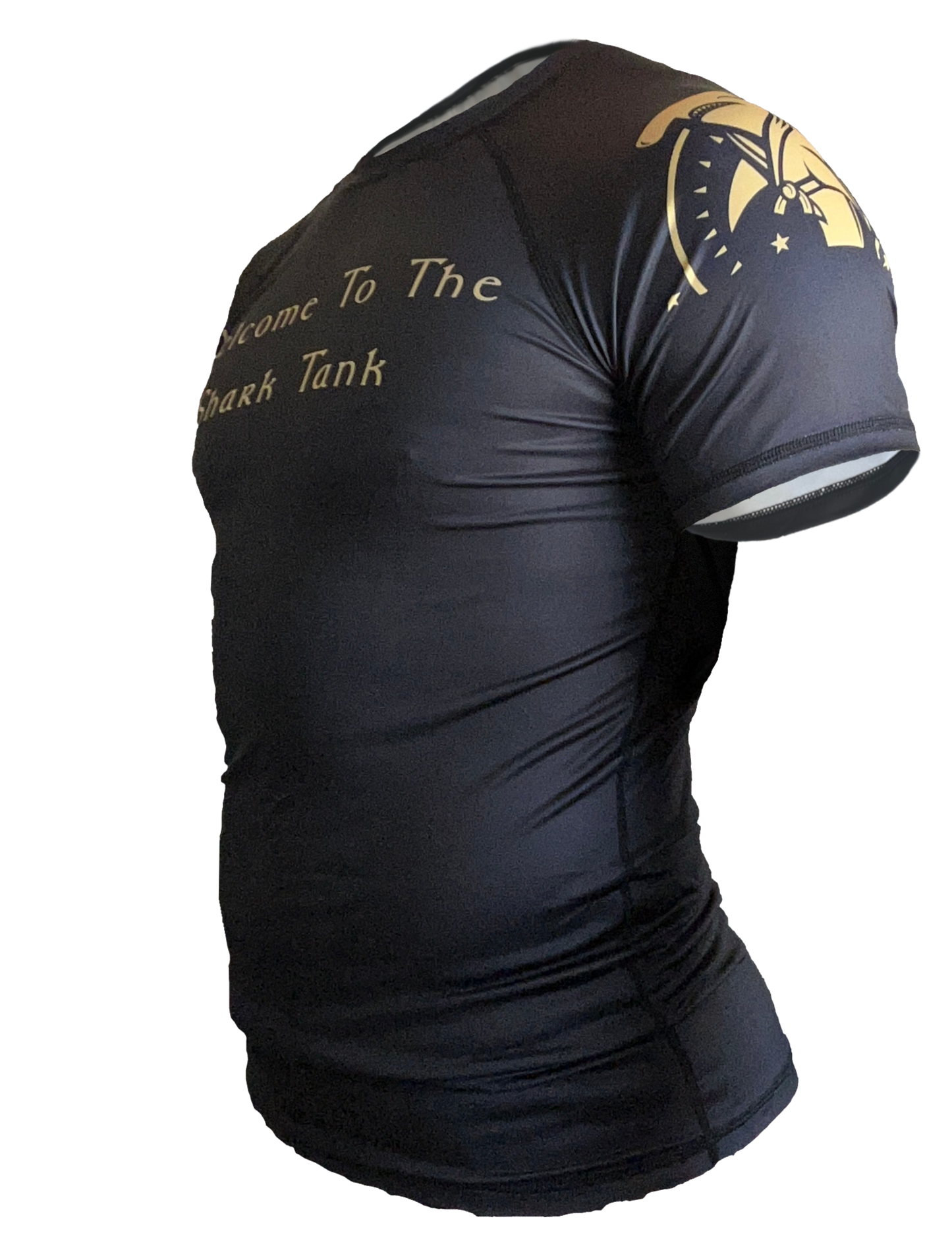 Black and gold "Welcome To The Shark Tank" tribal bjj rash guard