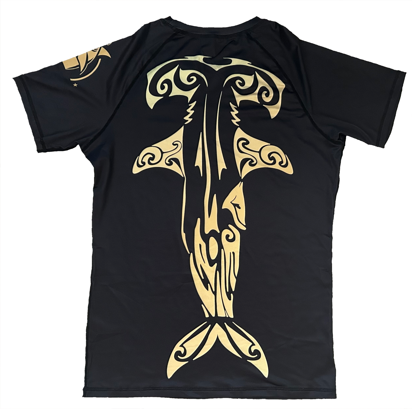 Black and gold "Welcome To The Shark Tank" tribal bjj rash guard