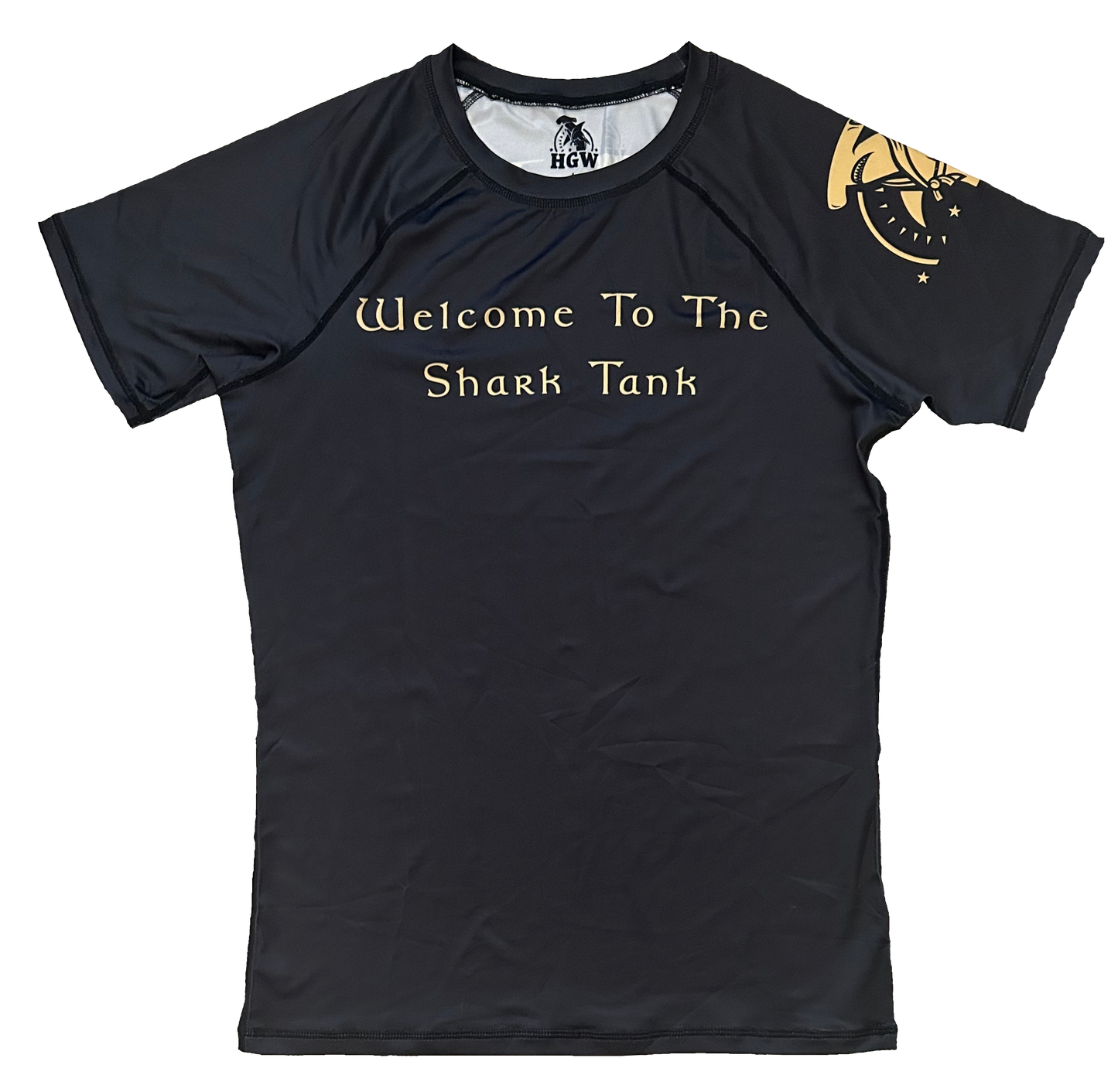 Black and gold "Welcome To The Shark Tank" tribal bjj rash guard