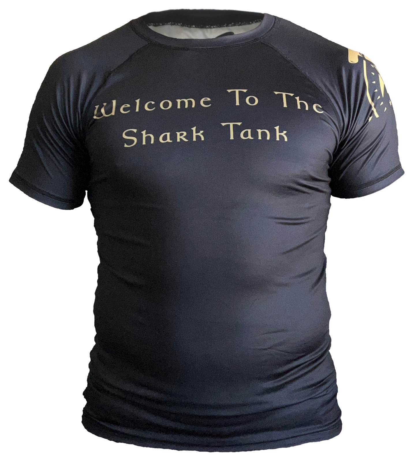 Black and gold "Welcome To The Shark Tank" tribal bjj rash guard