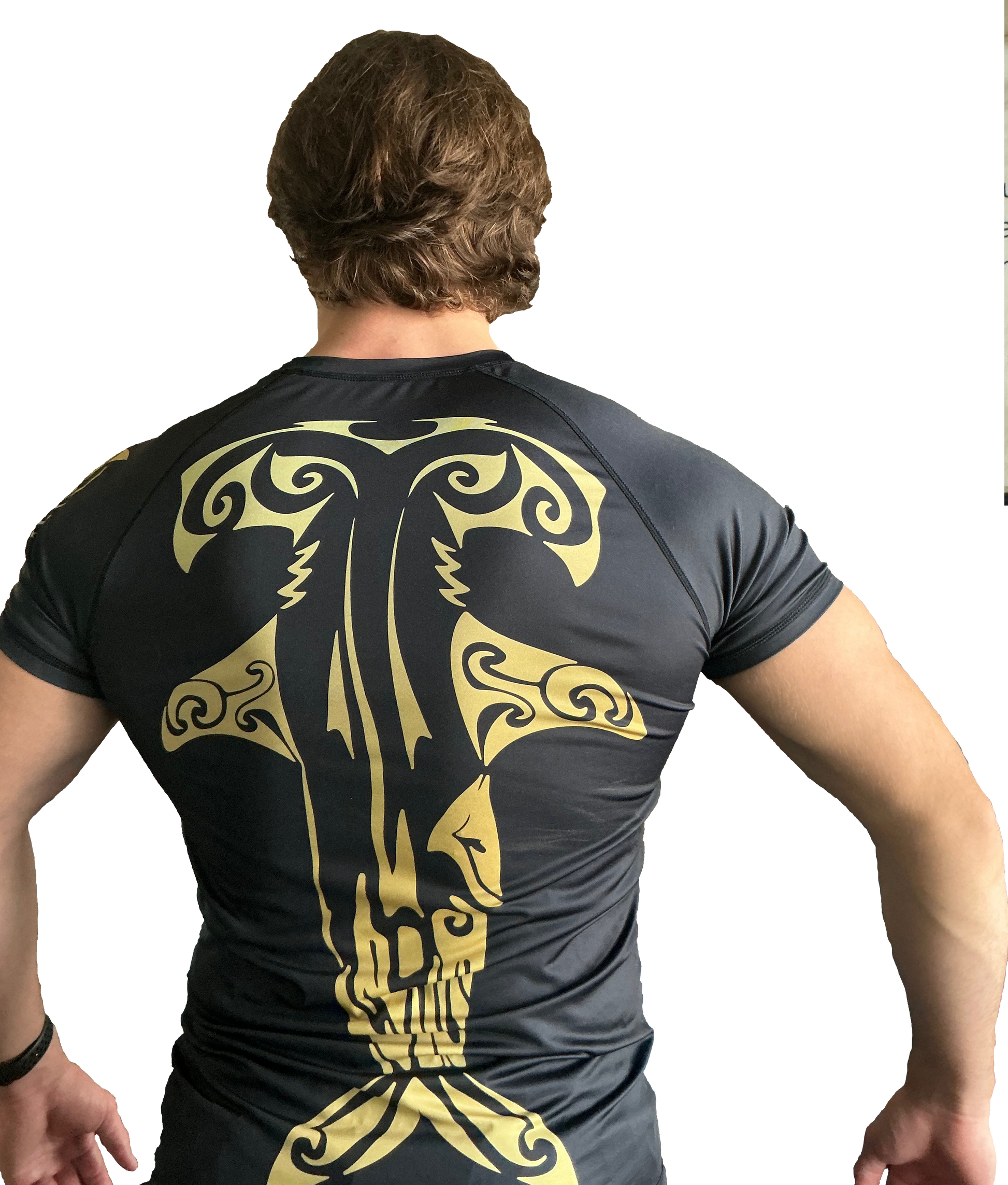 Black and gold "Welcome To The Shark Tank" tribal rash guard for grappling Hammerhead Grappling Wear