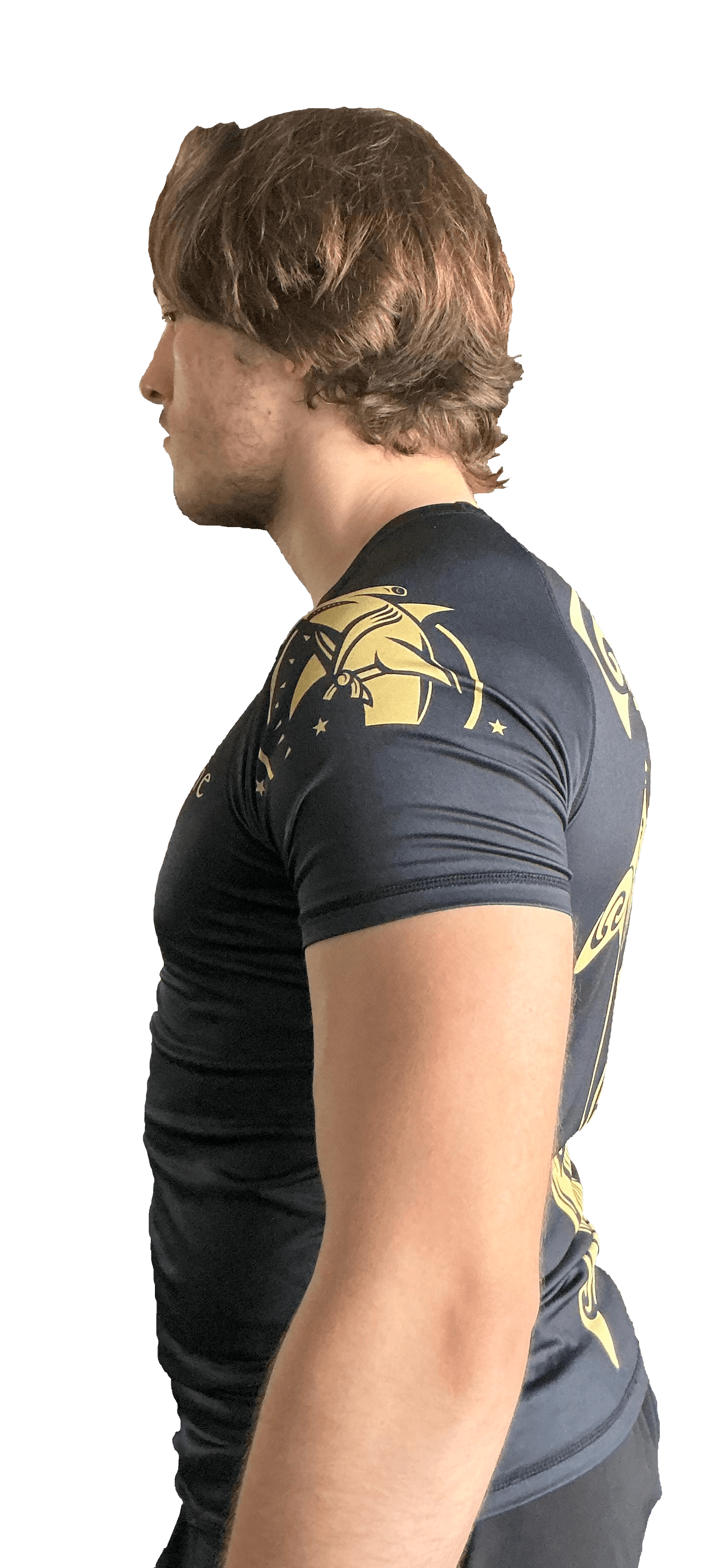 Black and gold "Welcome To The Shark Tank" tribal rash guard for grappling Hammerhead Grappling Wear