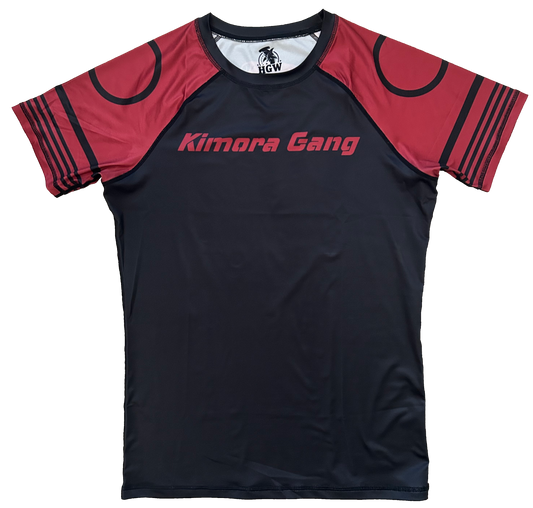 Black and red "Kimora Gang" short sleeve bjj rash guard