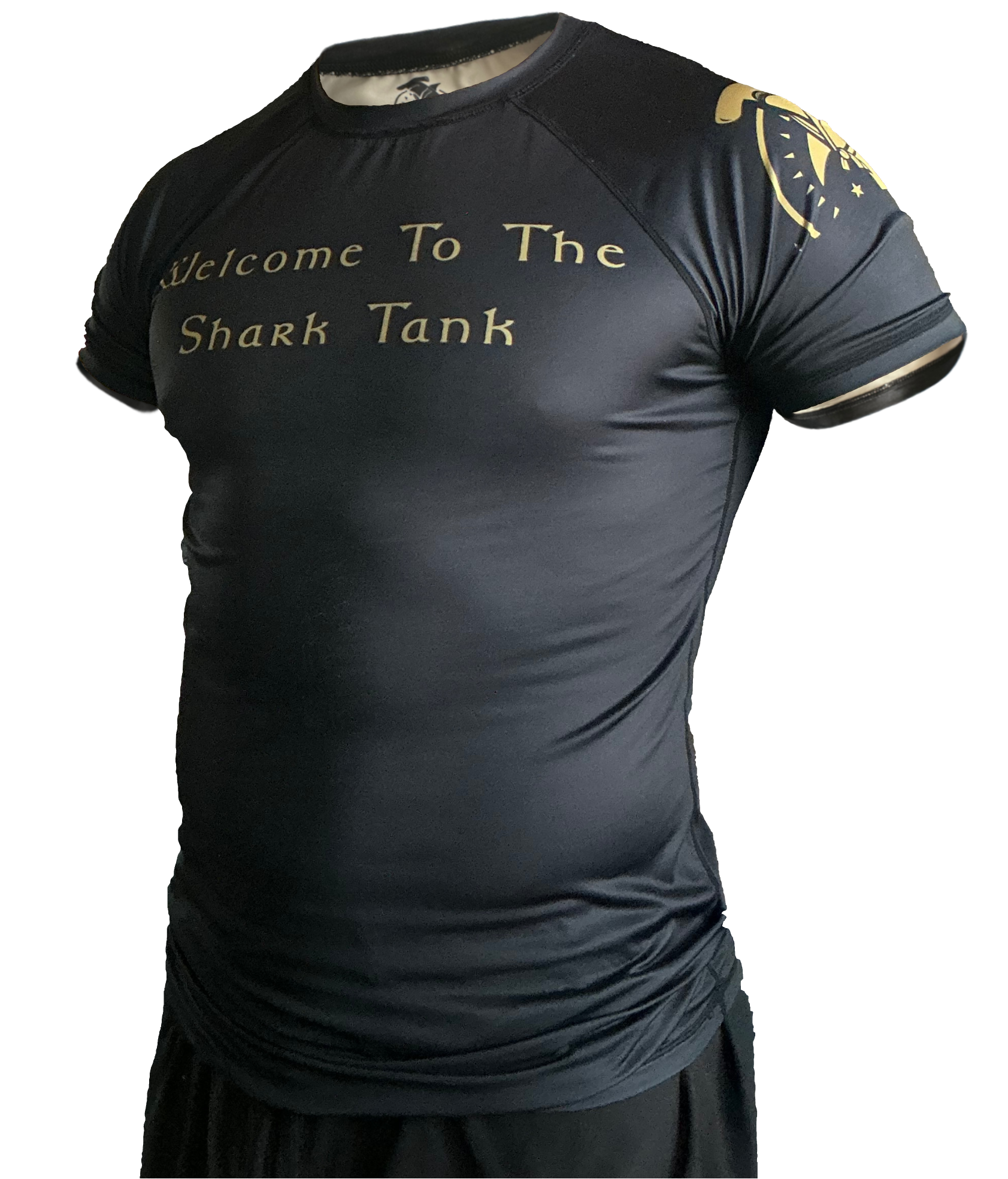 Black and gold "Welcome To The Shark Tank" tribal rash guard for grappling Hammerhead Grappling Wear