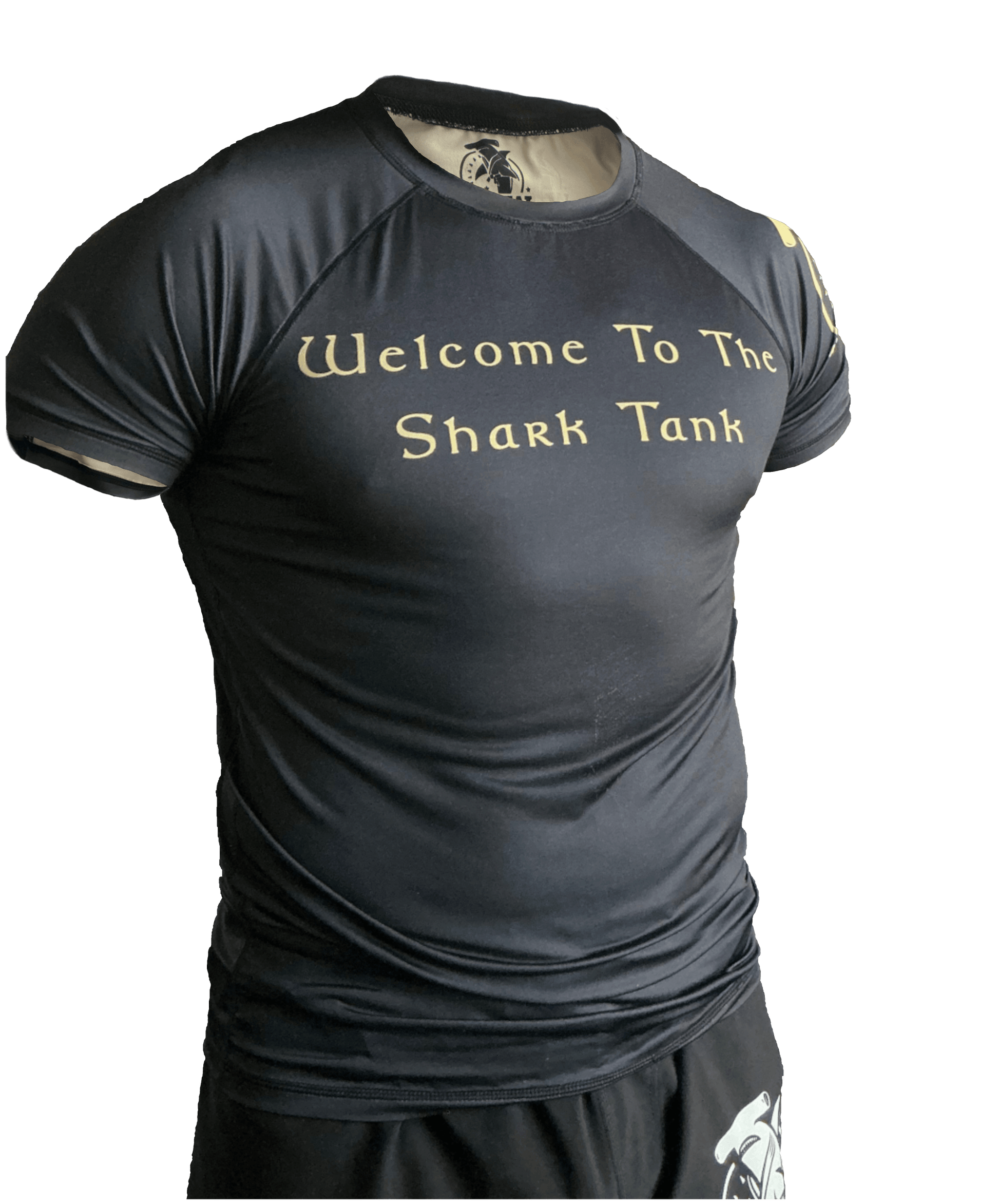 Black and gold "Welcome To The Shark Tank" tribal rash guard for grappling Hammerhead Grappling Wear